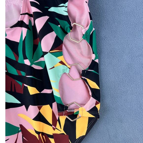 Allure One Piece Swimsuit Swimwear Size 22/24 Multi Color Palm Leaf Side Ring - Picture 3 of 6